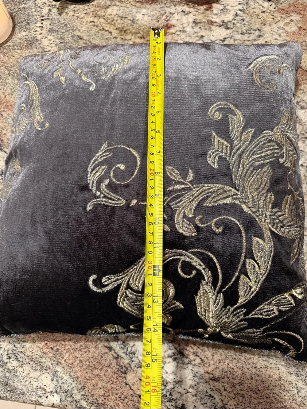 Decorative Velvet Throw Pillow with Gold Embroidered Scrolls - Gray